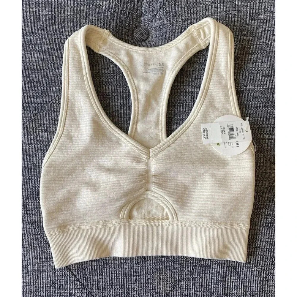 OFFLINE By Aerie Ribbed Ivory Sports Bra Size XXS New